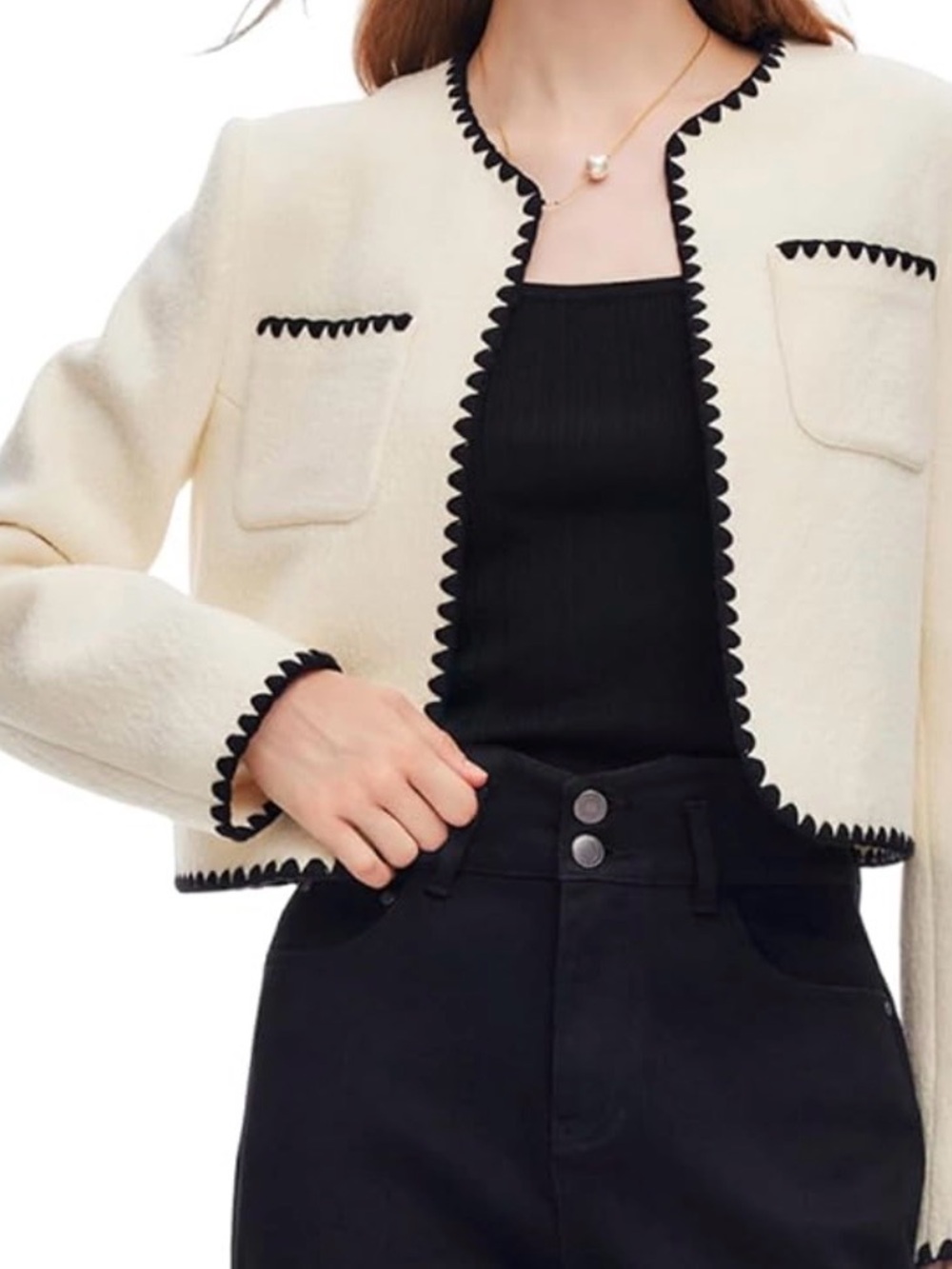 Jessica Simpson Cream Cropped Jacket with Black Trim